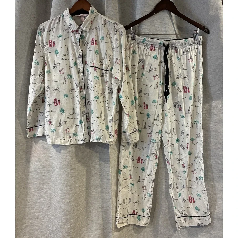 Victorias Secret London Paris Travel AOP Button Up Pajama Set Small Multicolor
